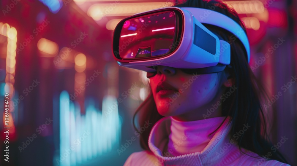 Woman wearing virtual reality glasses Future digital technology with blurred background, Woman wearing virtual reality glasses Future digital technology with blurred background,