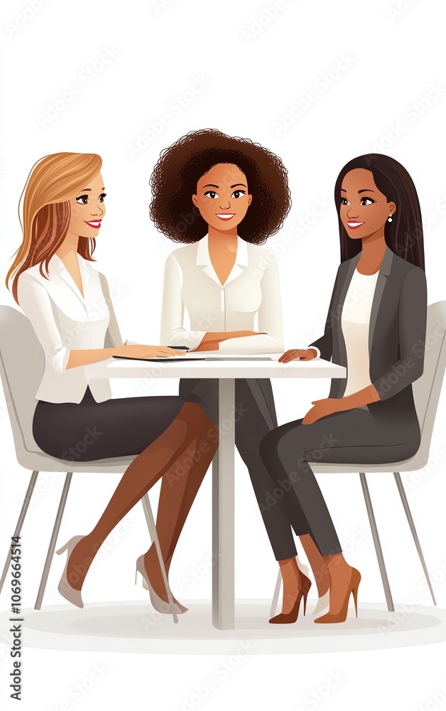 Three diverse women meeting at a table. Three diverse women meeting at a table.