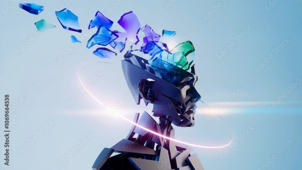 Obraz premium Human head 3D rendered with shards of glass exploding outward symbolize artificial consciousness emergence. Abstract technology concept