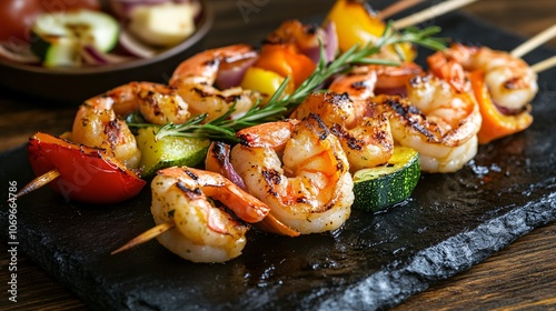 60.Skewers of grilled shrimp with assorted vegetables, arranged on a black stone plate, vibrant colors, smoky and savory, rustic wooden table adding warmth, rich and appetizing presentation