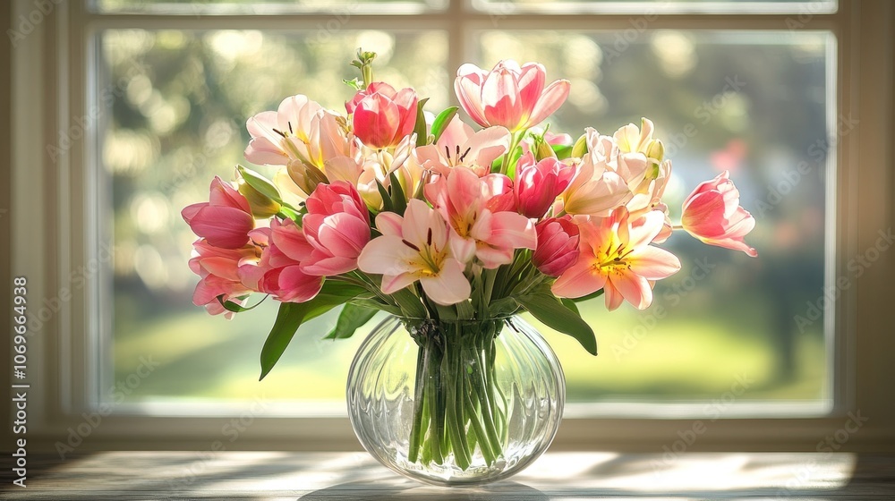 A Bouquet of Pink and White Flowers in a Clear Glass Vase on a Window Sill A Bouquet of Pink and White Flowers in a Clear Glass Vase on a Window Sill