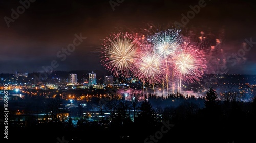 Bright fireworks lighting up a city skyline at midnight, celebrating the New Year in vibrant colors. photo