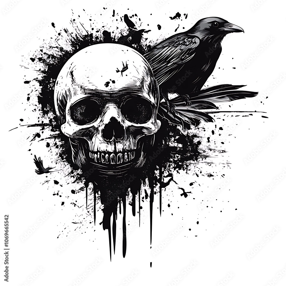 Fototapeta premium A black and white illustration of a human skull with a crow perched on top. The skull is surrounded by a black splatter pattern.