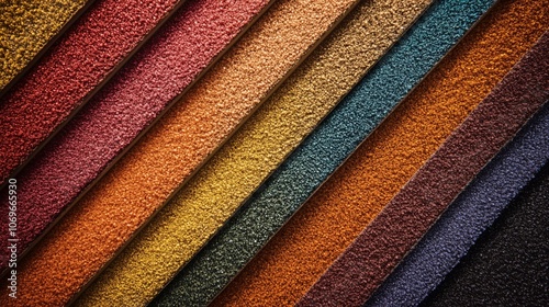 Close-up of colorful sandpaper sheets arranged in a diagonal rainbow pattern, featuring a rough, granular texture with vibrant shades, creating a bold and artistic look