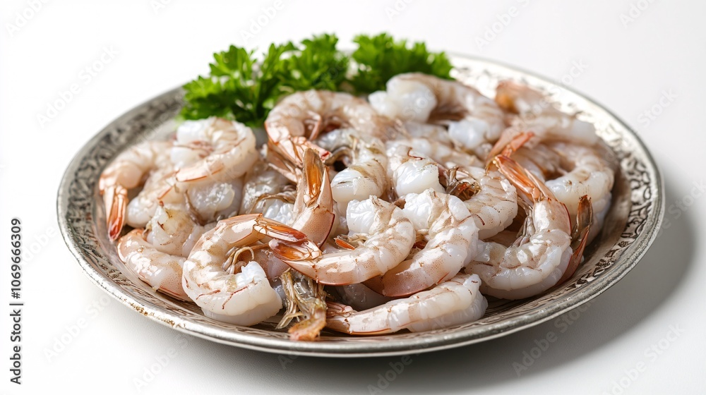 92.Raw shrimp in a plate, vibrant pink hues and soft textures, isolated on a clean white background, bright and detailed, simple yet appetizing seafood display 92.Raw shrimp in a plate, vibrant pink hues and soft textures, isolated on a clean white background, bright and detailed, simple yet appetizing seafood display