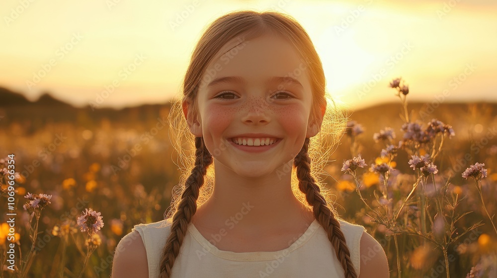 A young girl beams with joy, surrounded by a colorful array of wildflowers as the soft golden light of sunset envelops the landscape, creating a warm and serene atmosphere. A young girl beams with joy, surrounded by a colorful array of wildflowers as the soft golden light of sunset envelops the landscape, creating a warm and serene atmosphere.