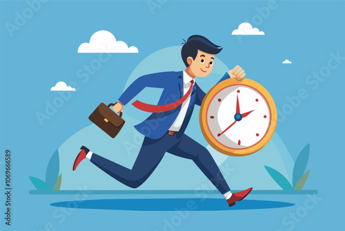 Businessman Running With Large Clock and Briefcase