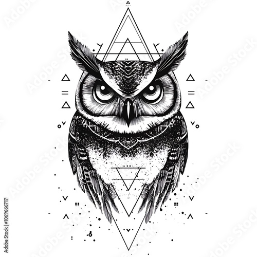 A black and white illustration of an owl inside a geometric triangle shape with dots surrounding the owl. photo