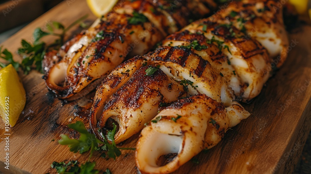 41.Grilled squid with deep golden char marks, laid out on a wooden board, smoky and tender, rich and savory with intricate textures, simple yet appetizing presentation, close-up view 41.Grilled squid with deep golden char marks, laid out on a wooden board, smoky and tender, rich and savory with intricate textures, simple yet appetizing presentation, close-up view