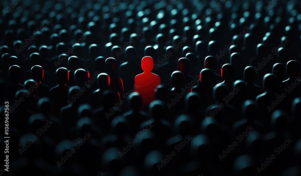 Fototapeta premium A single red figure stands out from a crowd of dark figures.