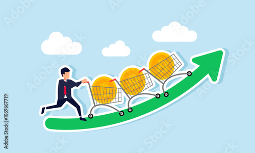 A businessman pushes a row of shopping carts filled with bitcoin on a rise green chart, illustration of buy many bitcoin for invest with trends and issues that can increase valuation