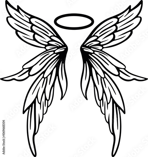 Tribal angel wings and halo tattoo design