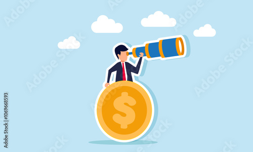 A businessman peers through a dollar coin, illustration of monitoring dollar valuation movements