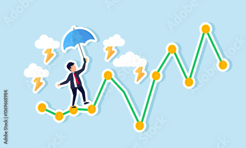 A businessman holding an umbrella stands unsteadily on a bitcoin chart amid a thunderstorm, illustration of step-by-step growing bitcoin investment assets despite many challenges