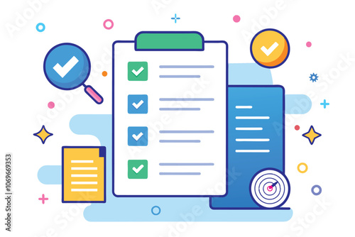 Illustrated Checklist With Magnifying Glass And Target For Goal Setting And Task Completion