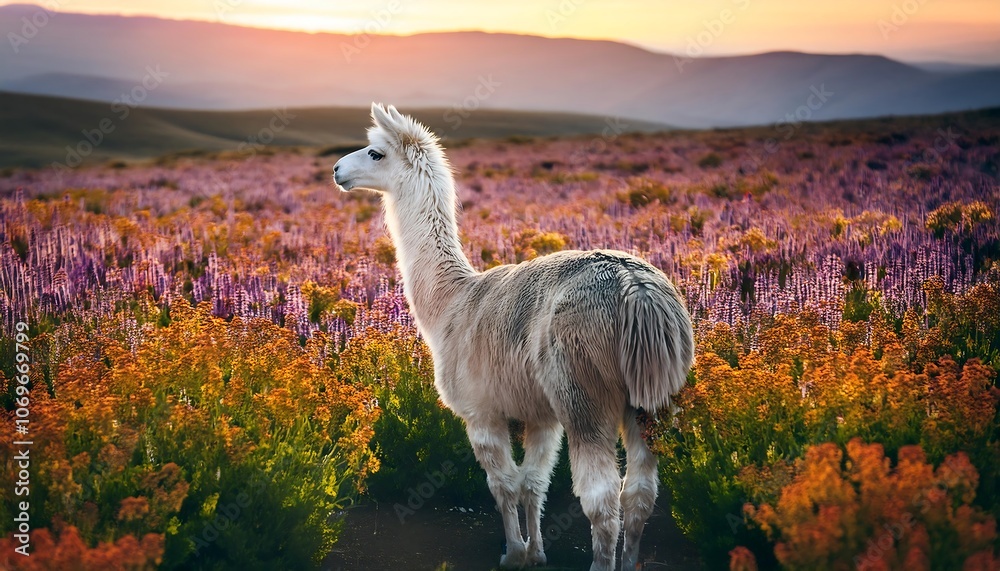 Fototapeta premium A white llama stands in a field of purple and orange wildflowers against a backdrop of rolling hills and a setting sun.