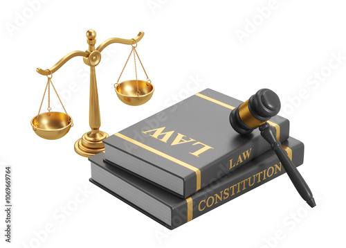 Scales of justice, law books, and gavel depicted on a white background. Represents legal concepts and justice. 3D Rendering photo