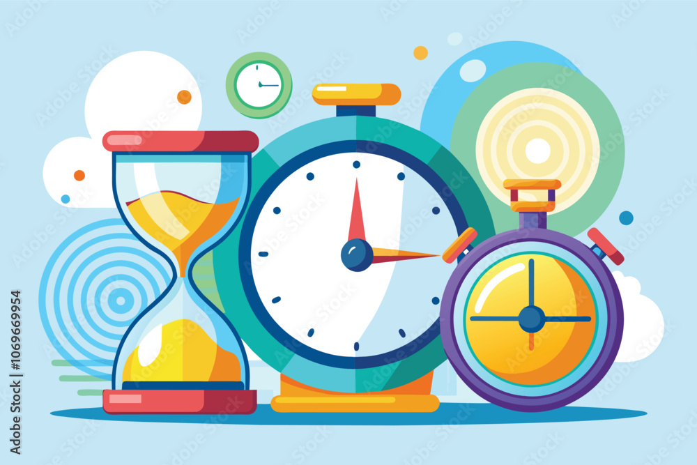Obraz premium Colorful Illustration of Hourglass, Clock, and Stopwatch