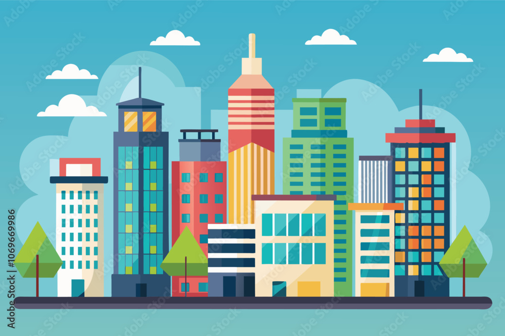 Obraz premium Colorful Flat Style City Skyline Illustration With Tall Buildings and Clouds