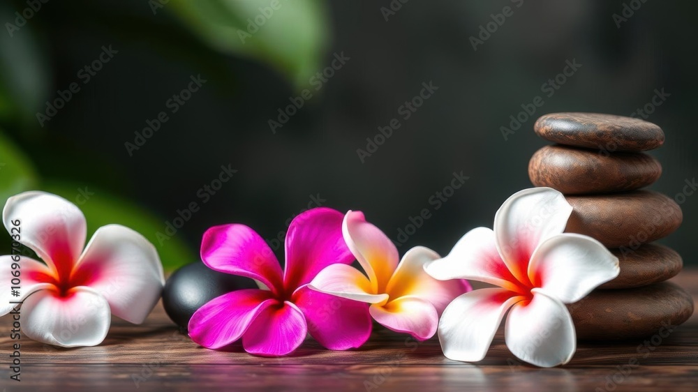 A set of smooth spa stones with beautiful frangipani flowers on top, creating a serene and relaxing atmosphere, calm, harmony A set of smooth spa stones with beautiful frangipani flowers on top, creating a serene and relaxing atmosphere, calm, harmony