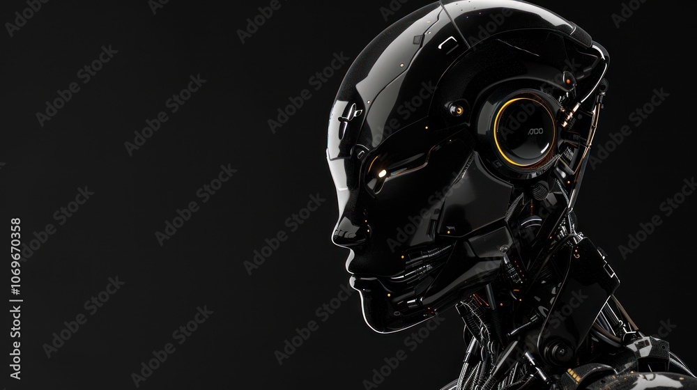 Futuristic android cyborg black robot isolated on black background, AI generated image Futuristic android cyborg black robot isolated on black background, AI generated image
