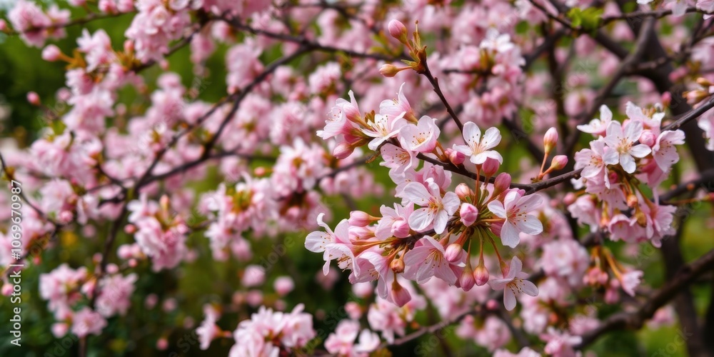 Blooming pink cherry blossom tree in a peaceful spring nature scene, seasonal, outdoors Blooming pink cherry blossom tree in a peaceful spring nature scene, seasonal, outdoors