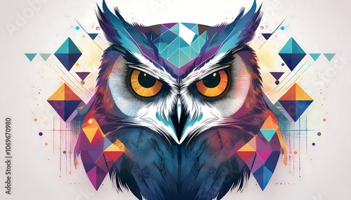 A colorful, geometric owl with large, bright yellow eyes. photo