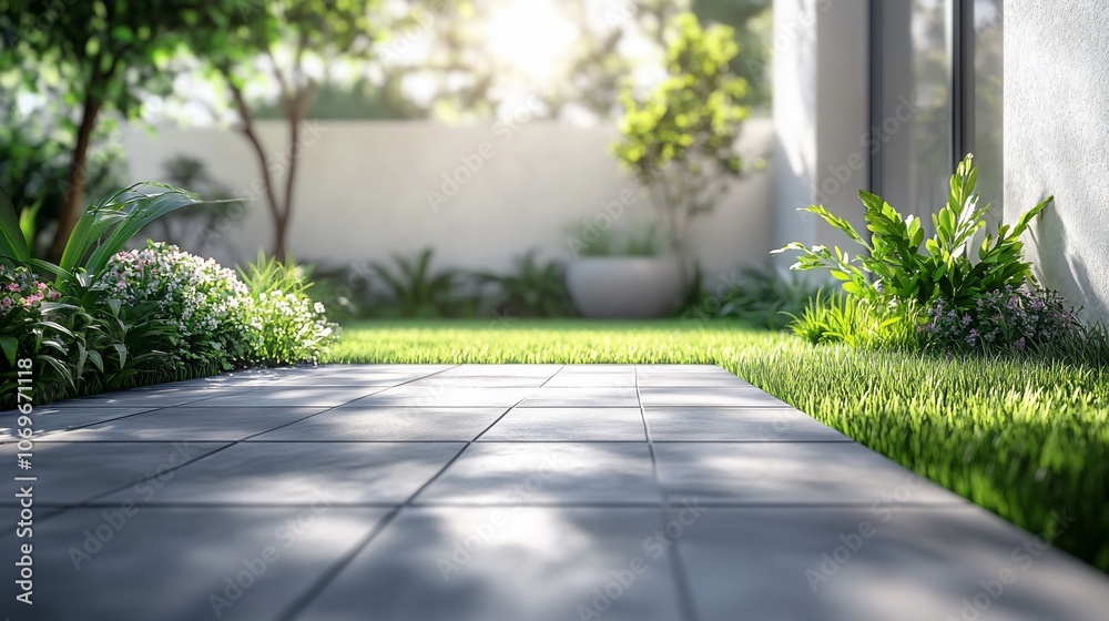 A lush green lawn with a paved patio in the foreground. The sun shines through the trees in the background, creating a warm and inviting atmosphere. A lush green lawn with a paved patio in the foreground. The sun shines through the trees in the background, creating a warm and inviting atmosphere.