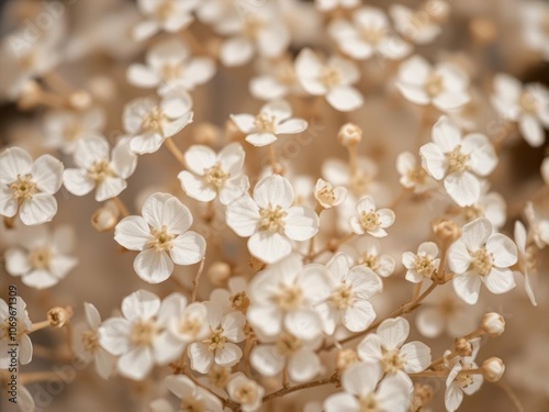 Close-up of dried Gypsophila flowers illuminated by soft light, showcasing delicate white petals and intricate details, macro, details