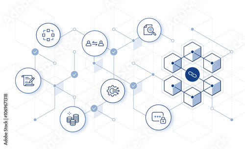 Blockchain technology. blockchain concept and use cases with hexagon background. editable stroke icons vector illustration