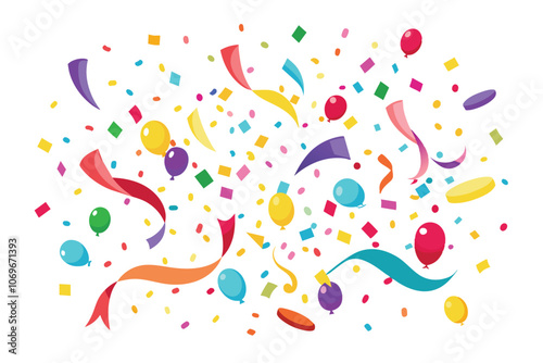 Colorful Balloons And Confetti Falling On White Background