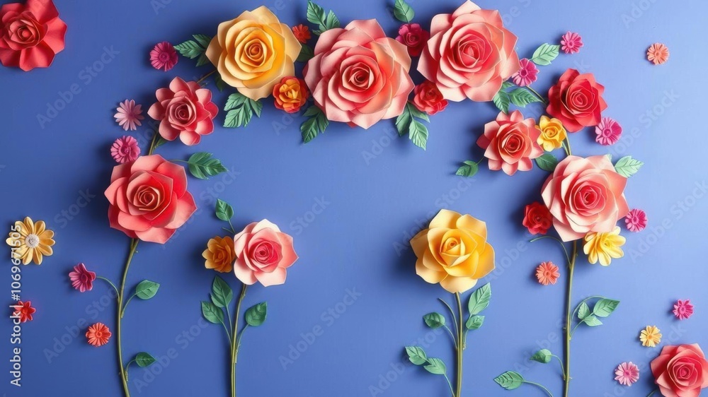 Colorful paper roses arranged in a beautiful backdrop, craft, roses Colorful paper roses arranged in a beautiful backdrop, craft, roses