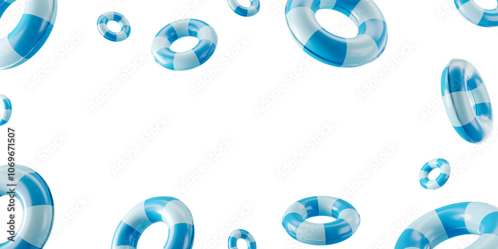 Multiple blue and white lifebuoys float on a white background, presenting a clean and isolated layout, perfect for a nautical template. 3D Rendering Multiple blue and white lifebuoys float on a white background, presenting a clean and isolated layout, perfect for a nautical template. 3D Rendering