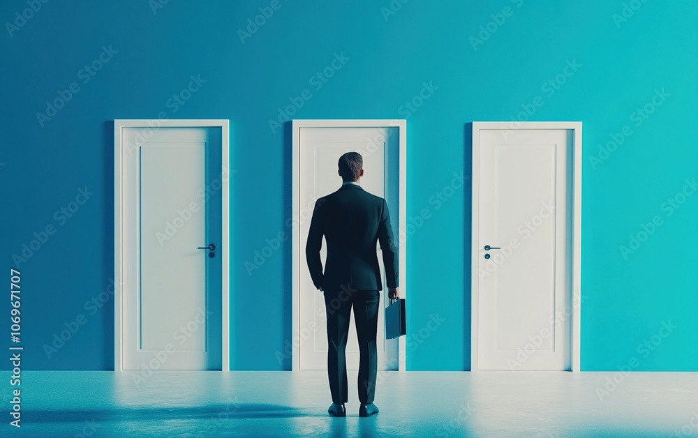 A businessman stands in front of three closed doors, facing a decision. A businessman stands in front of three closed doors, facing a decision.