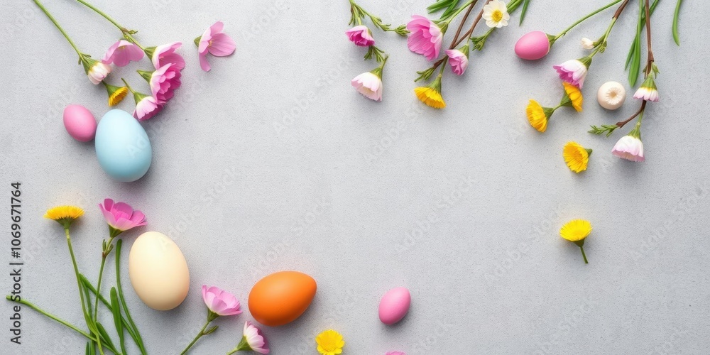 Obraz premium Easter eggs and decorations arranged on grey concrete background, spring, flat lay