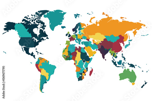 Colorful World Map With Country Borders and Detailed Regions