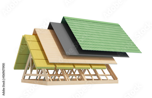 Cross-section of roof structure with various layers, isolated on white background. Concept of architecture and construction. 3D Rendering photo