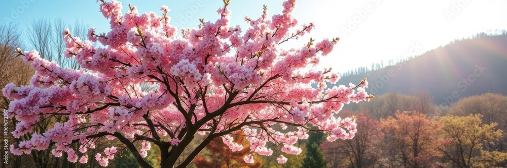 Lush pink cherry blossom tree in full bloom in a springtime forest, day, tranquil Lush pink cherry blossom tree in full bloom in a springtime forest, day, tranquil