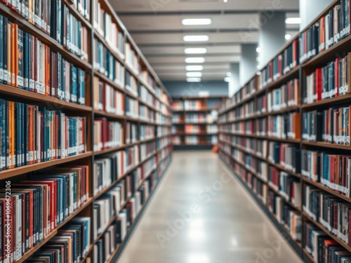 Library with rows of shelves filled with books stretching into the distance, creating a diminishing perspective and a shallow depth of field, research, study