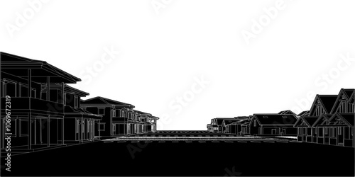 Small Town With Single-storey Houses View Vector. Residential Houses In The Settlement. Perspective Spatial Environmental View Of Houses And Streets.