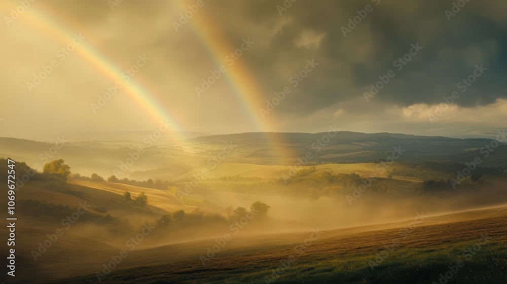 Golden Rainbow Over Misty Hills In Nature Golden Rainbow Over Misty Hills In Nature