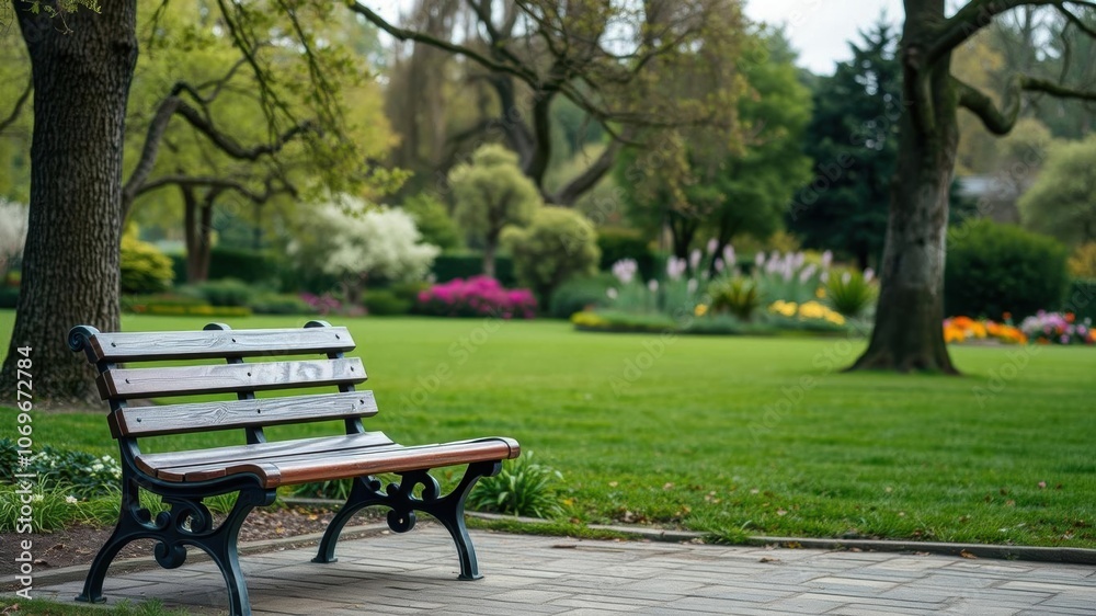Serene park scenery with empty bench surrounded by lush greenery, bench, picturesque Serene park scenery with empty bench surrounded by lush greenery, bench, picturesque