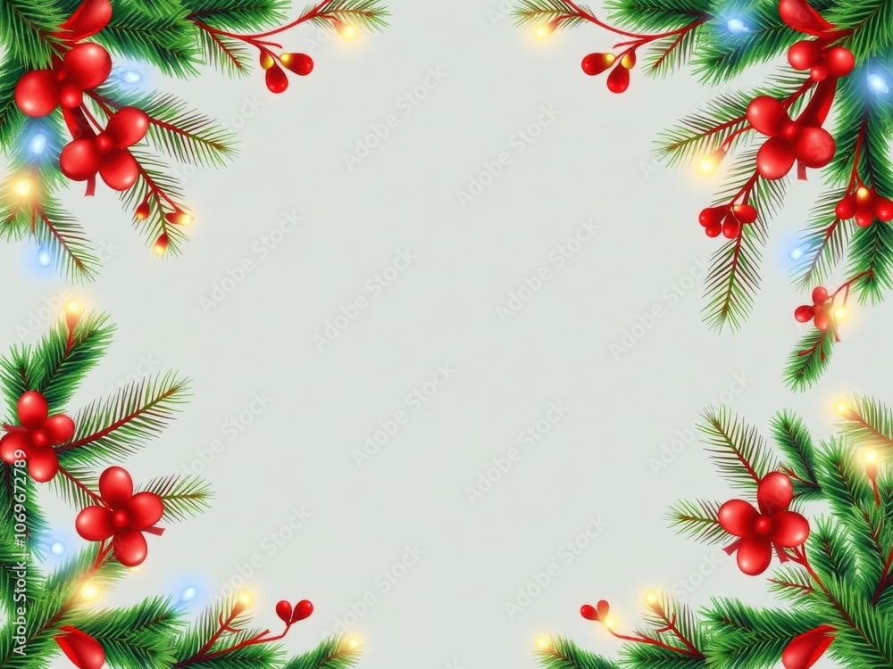 Seamless Christmas border with coniferous branches, garlands, lights, border, lights Seamless Christmas border with coniferous branches, garlands, lights, border, lights