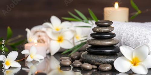 Spa still life with white flowers including candles, towels, and stones, wellness, floral arrangements