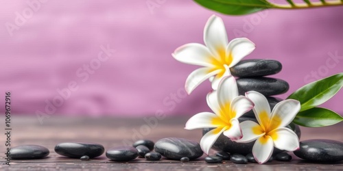 Spa stones and frangipani flowers on a wooden surface, balance, spa