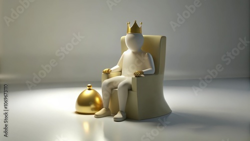 A 3D Render of a Figure Wearing a Crown, Sitting on a Throne with a Golden Sphere at Their Feet