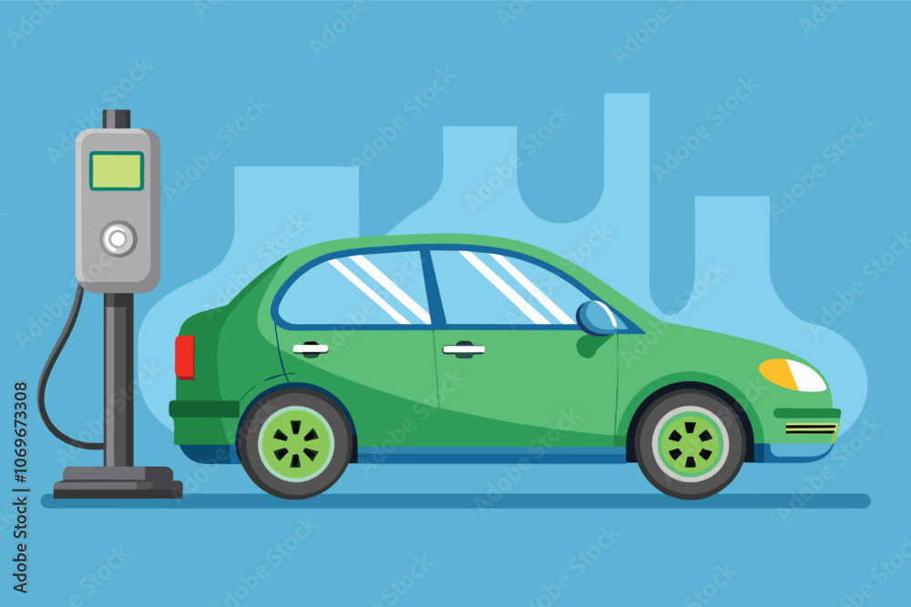 Naklejka premium Green Electric Car Charging at a Station