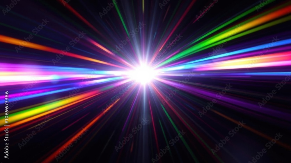 Vibrant rainbow light flares emanating from prism on dark backdrop, vibrant, optical Vibrant rainbow light flares emanating from prism on dark backdrop, vibrant, optical
