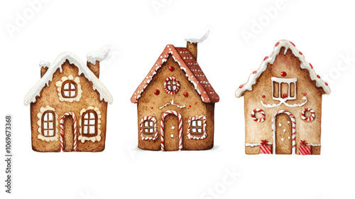 Watercolor Gingerbread Houses Set for Holiday Celebrations Generative AI