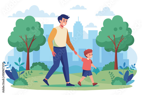 Father And Son Walking In City Park On Sunny Day